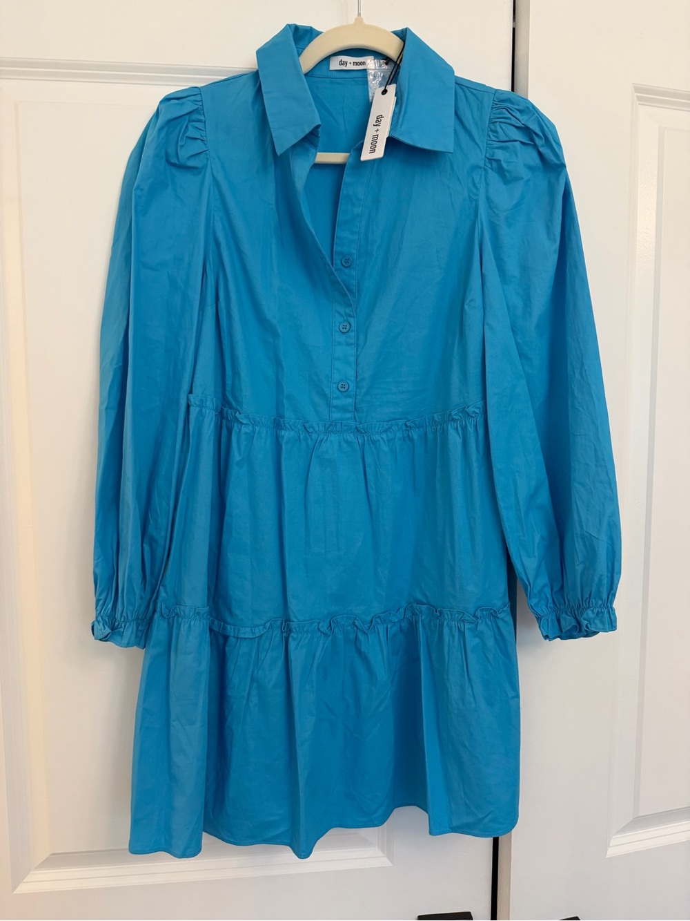 NWT Day + Moon Blue Tiered Shirt Dress Puff Sleeve size S paid $60